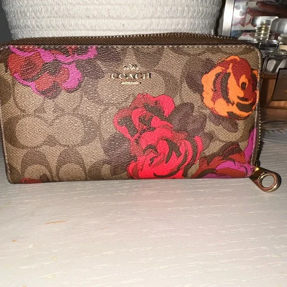Coach Bags Coach Brown And Red Wallets With Artistic Floral